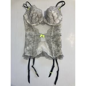 Victoria Secret White Bustier Corset Top With Black Lace & Neon Accents 34C